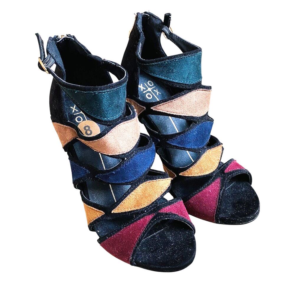 XOXO Dressy Sandals Black & Multi Color Strappy High Heels Shoes Ankle Buckle 8M